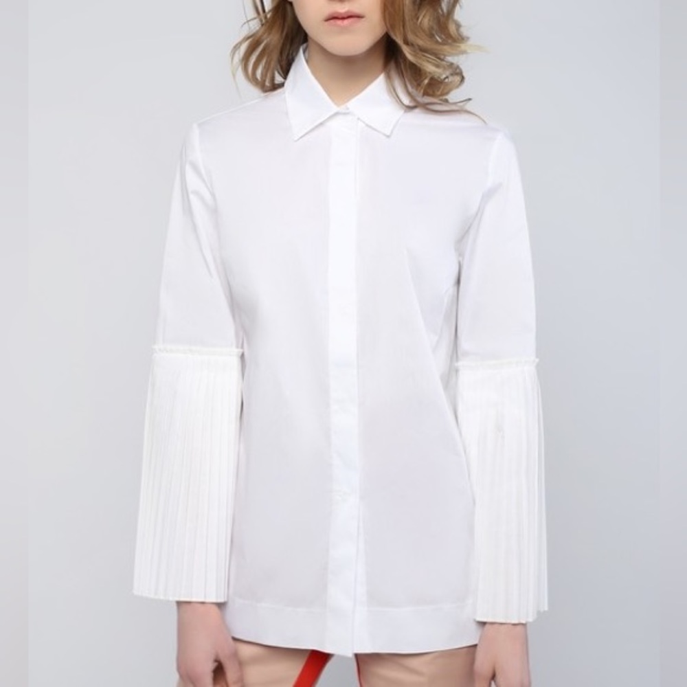 New D. EXTERIOR Pleated Sleeve Front Snap Blouse White